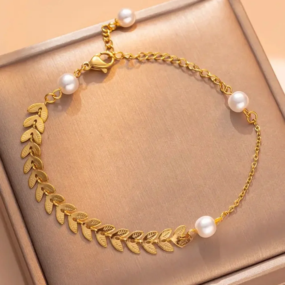 Gold Leaf Pearl Bracelet/Anklet | Delicate Wheat Chain Adjustable